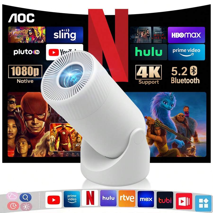 Miniproyector AOC con 4K/HD, WiFi/Bluetooth | 220 ANSI | Corrección trapezoidal automática | Rotación de 180° para viajes/acampada