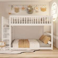 Cama litera baja 140 x 200, cama litera de  con almacenamiento, diseño de barandilla alta, cama de madera, blanca - Blanco + Madera + 140 cm x 200 cm - Ver 6