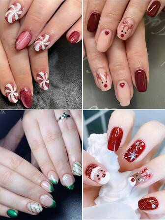 96pcs Cute Christmas Press On Nails Combo Set, Short Square Nails With Glossy Glitter Red White Snowflake Cartoon Pattern, Fit Perfectly Fake Nails Kit, Full Cover False Nails, Includes 1sheet Adhesive Tabs & 1pc Mini File, For Daily Dating Office Home Party, Women Jewelry Accessories False Nail Tips 1 File Strip Jelly Gel