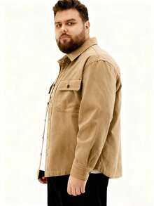 加大码男士纯色衬衫外套，户外休闲卡其色长袖衬衫，工装风长袖衬衫 - 卡其色 - 查看 4