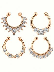 4pcs/Set Punk Style Stainless Steel White Zirconia Inlaid Clip-On Fake Nose Ring - 10mm Inner Diameter, Unisex, Suitable For Daily Wear And Festivals - Fake Septum Rings - View 10