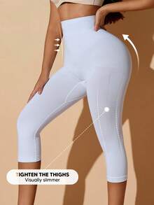 Women's Solid Color High Waist Tummy Control Shaping Capri Leggings - White - View 5