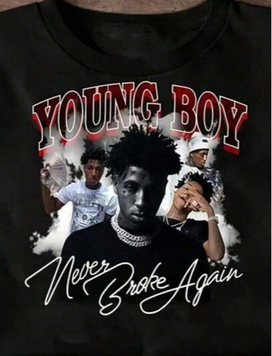 Outdoor Adventures YoungBoy _Never Broke Again_ Graphic Cotton Tee - Black Casual Shirt All-Seaso - 黑色 - 查看 1