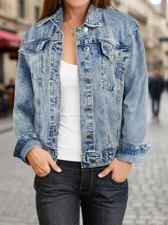 여성 버튼 디테일 라이트 워시 데님 재킷 레귤러 길이 긴소매 봄버 스타일 신축성 없음