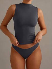 XLLAIS Crew Neck Sleeveless Solid Color Undershirt, Double-Layer Stretchy Slim Fit T-Shirt Casual Summer - Dark Grey - View 6