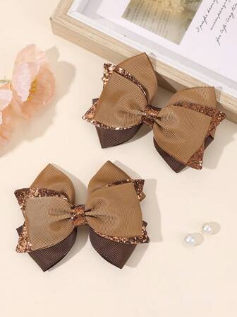 2pcs Elegant Brown Coffee Hair Bows For Girls Brown Glitter Bow Alligator Clips Daily Hair Clips Wedding Party Barrettes Casual Sparkly Hairpins Teens Hair Accessories