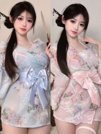 一套日式樱花艺伎性感清纯蝴蝶结和服服装，适合角色扮演、派对、表演、摄影——仅包含连衣裙和腰带。