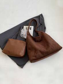 Women's Retro Casual Suede Tote Bag Stylish Shoulder Bag Hobo Bag Practical Medium Bag For Thanksgiving Party - 咖啡棕 - 查看 2