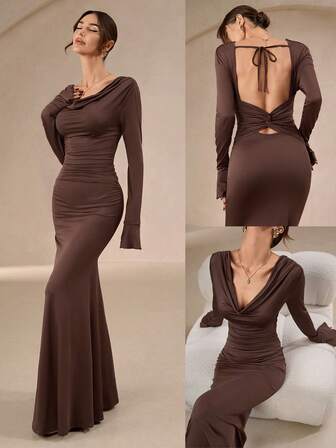 Women's Elegant Autumn-Winter Long Dress – Halterneck, Backless, Twisted & Pleated Details, Bell Sleeves, Fishtail Hem, Lightweight & Comfortable, Suitable For Gatherings & Parties