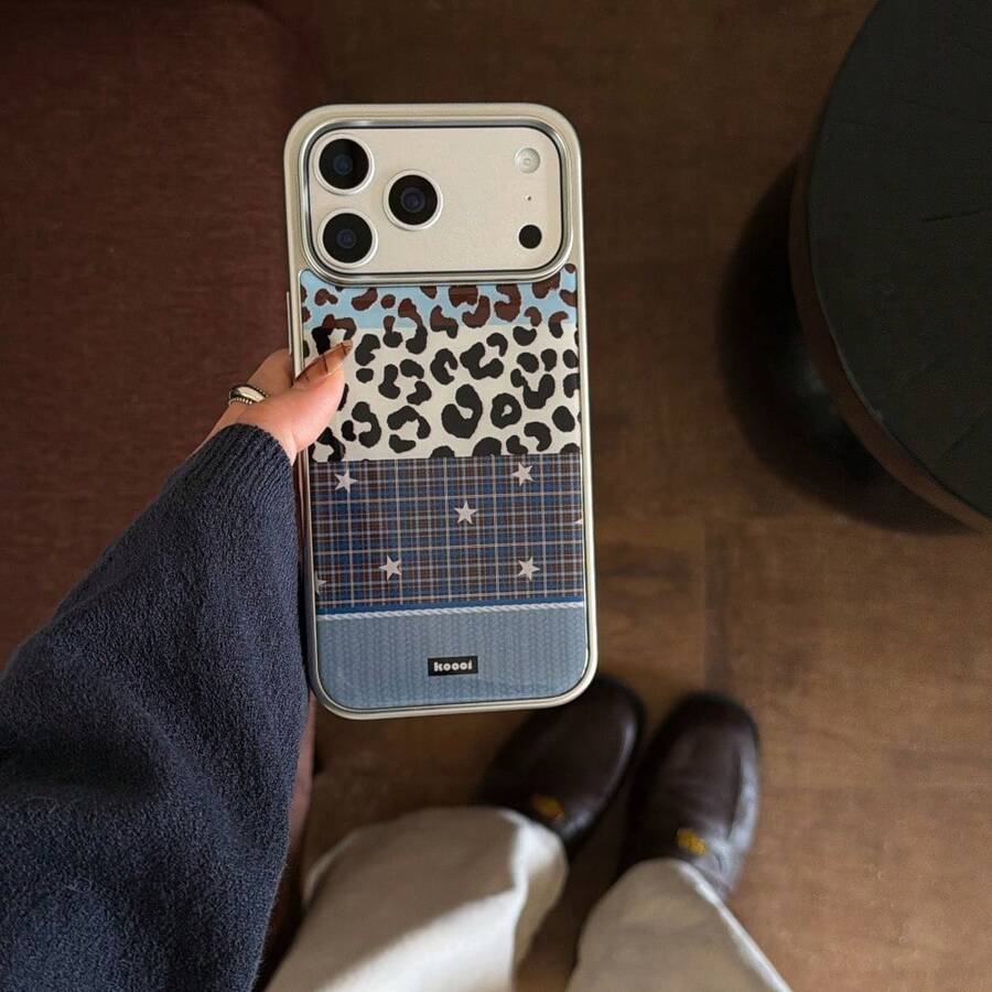 Custodia per telefono in stile patchwork con stampa leopardata a mosaico, compatibile con Apple, guscio rigido, personalizzata, stile Ins, anti-caduta con copertura completa - Blu - Visualizzare 1