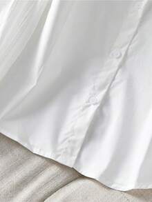 女士纯色纽扣休闲衬衫，适合居家、度假、日常穿着、约会，春秋季白色 - 白色 - 查看 4