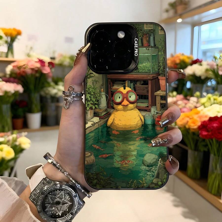 Cubierta de teléfono con diseño de pato amarillo en estanque con gafas de buceo verde y peces coloridos para uso diario y regalo original Aplicable a los teléfonos de la serie Apple y Galaxy - Negro - Ver 1