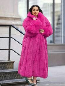 FHILLINUO Vibrant Pink Plus Size Long Faux Fur Coat With Waterfall Neckline And Fuzzy Texture Stylish Winter Outerwear - 玫紅色 - 查看 3