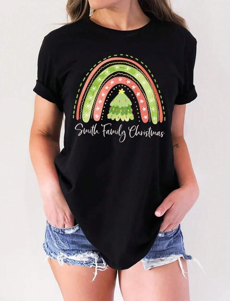 Personalized Rainbow Christmas T-Shirt_ Matching Family Holiday Tee - 黑色 - 查看 1