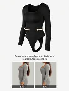 1pc Women's Seamless Long Sleeve Scoop Neck Jumpsuit With Thong Back Design, Flat Belly, Shapewear Jumpsuit, Waist Cincher - Black - View 2