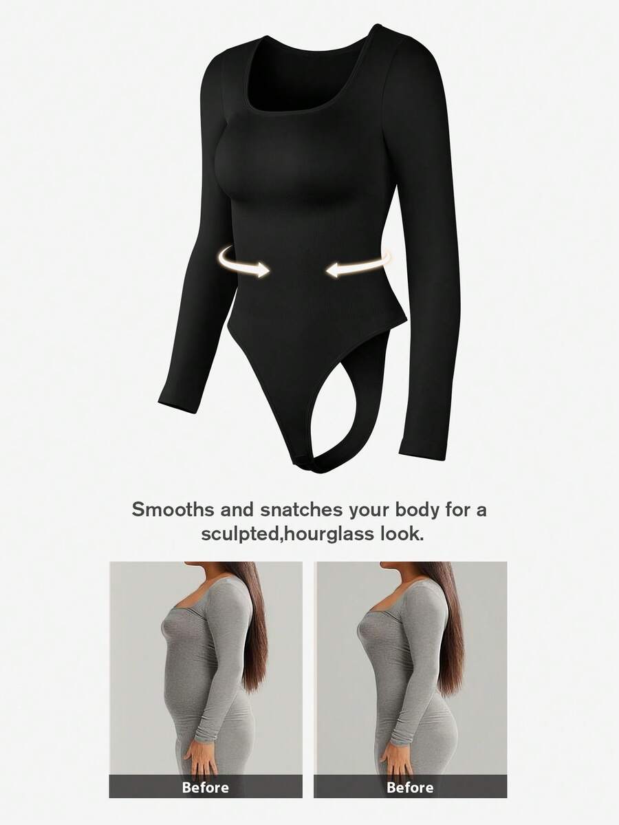 1pc Women's Seamless Long Sleeve Scoop Neck Jumpsuit With Thong Back Design, Flat Belly, Shapewear Jumpsuit, Waist Cincher