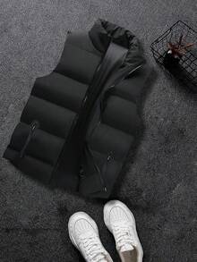 Men's Thick & Warm Quilted Padded Gilet Vest Winter Outwear, For Fall - Black - View 2