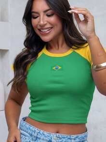 Árbora Elegance - Women's Cropped Blouse Brazil Edition - Embroidered Flag - Premium Ribbed Fabric - Top - T-Shirt - Blouse - Shirt - 綠/黃 - 查看 3