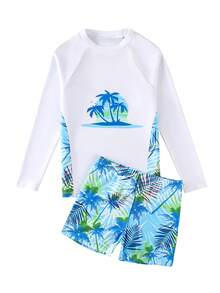 男童椰子树印花长袖短裤休闲泳衣套装