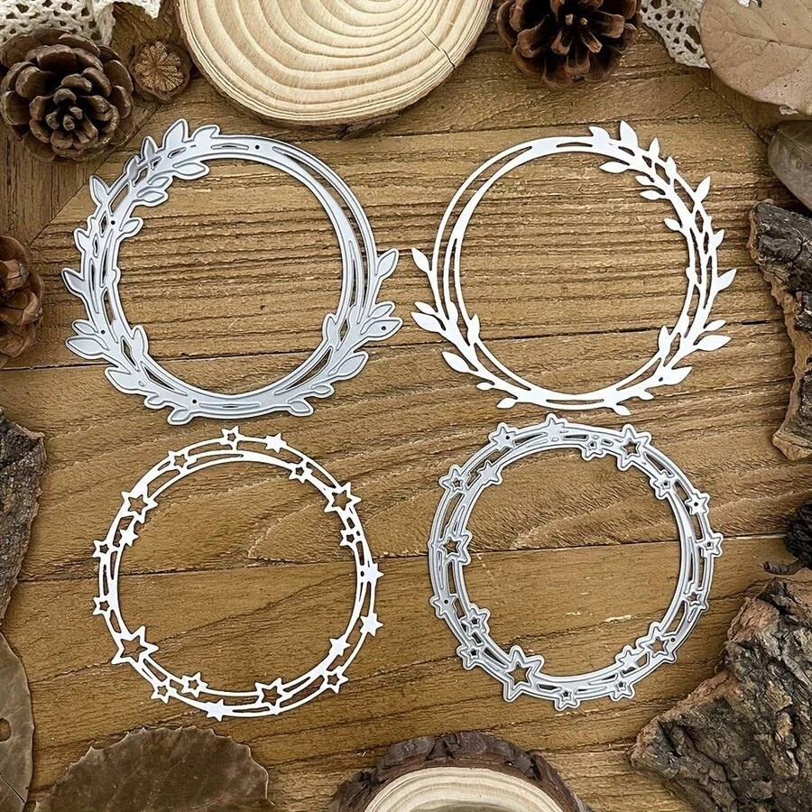 1pc Green Leaf & Star Wreath - Round Frame Scrapbooking Metal Cutting Die, For Greeting Cards, DIY Scrapbooking Albums, Home Decor, Holiday Blessings, Handmade Crafts