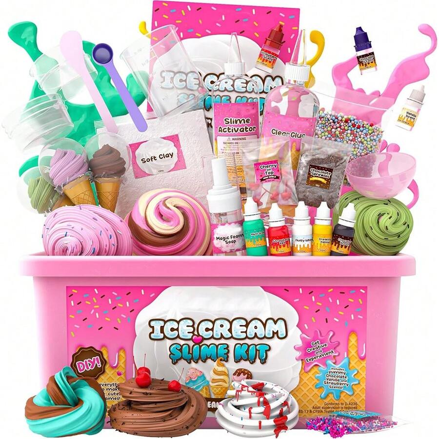 Slime Set -31 Pieces Of Multi-Color Ice Cream, Cherry Fragrance - DIY Ice Cream Slime Making Kit, Art And Crafts, Suitable For Children Aged 8-12, A Birthday Gift For Girls - Pink - View 1