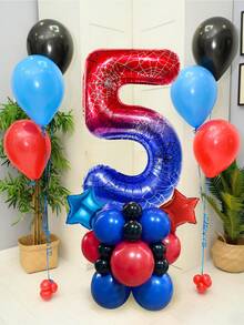 28pcs Spider Theme Number Balloon Column Kit, 32-Inch Spider Web Design Number Balloons 0-9, Red Blue Black Latex Balloons, 10-Inch Five-Pointed Star Balloons, Suitable For Birthday Party, Decoration Party, Home Decor, Theme Party, Spider Hero Theme Birthday Balloons, Boy Birthday Decoration, Cosplay Party Decoration - Multicolor - View 8
