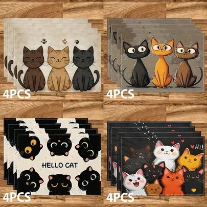 1/4/6/8 Piezas Lindos manteles individuales de lino con estampado de gato, manteles protectores lavables para uso interior/exterior, adecuados para fiestas, decoración de cocina y mesa de comedor