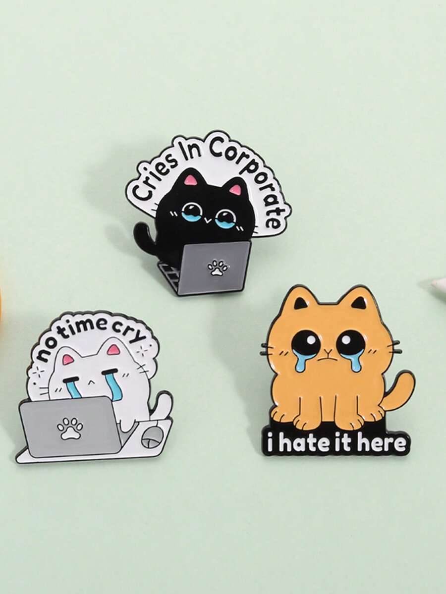 Bộ 3 huy hiệu cài áo hình mèo làm việc văn phòng dễ thương, làm việc chăm chỉ, không có thời gian khóc, ghim cài áo tráng men tùy chỉnh, tôi ghét nó ở đây, khóc, trên huy hiệu cài áo công ty, quà tặng trang sức - Nhiều màu - Xem 1