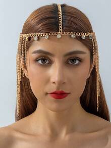 imoli 1 pieza Tocado de mujer con diseño de nicho creativo, con cadena de borla de metal minimalista y elegante, con strass, adecuado como regalo para fiesta de vacaciones, joyería para la cabeza - Multicolor - Ver 5