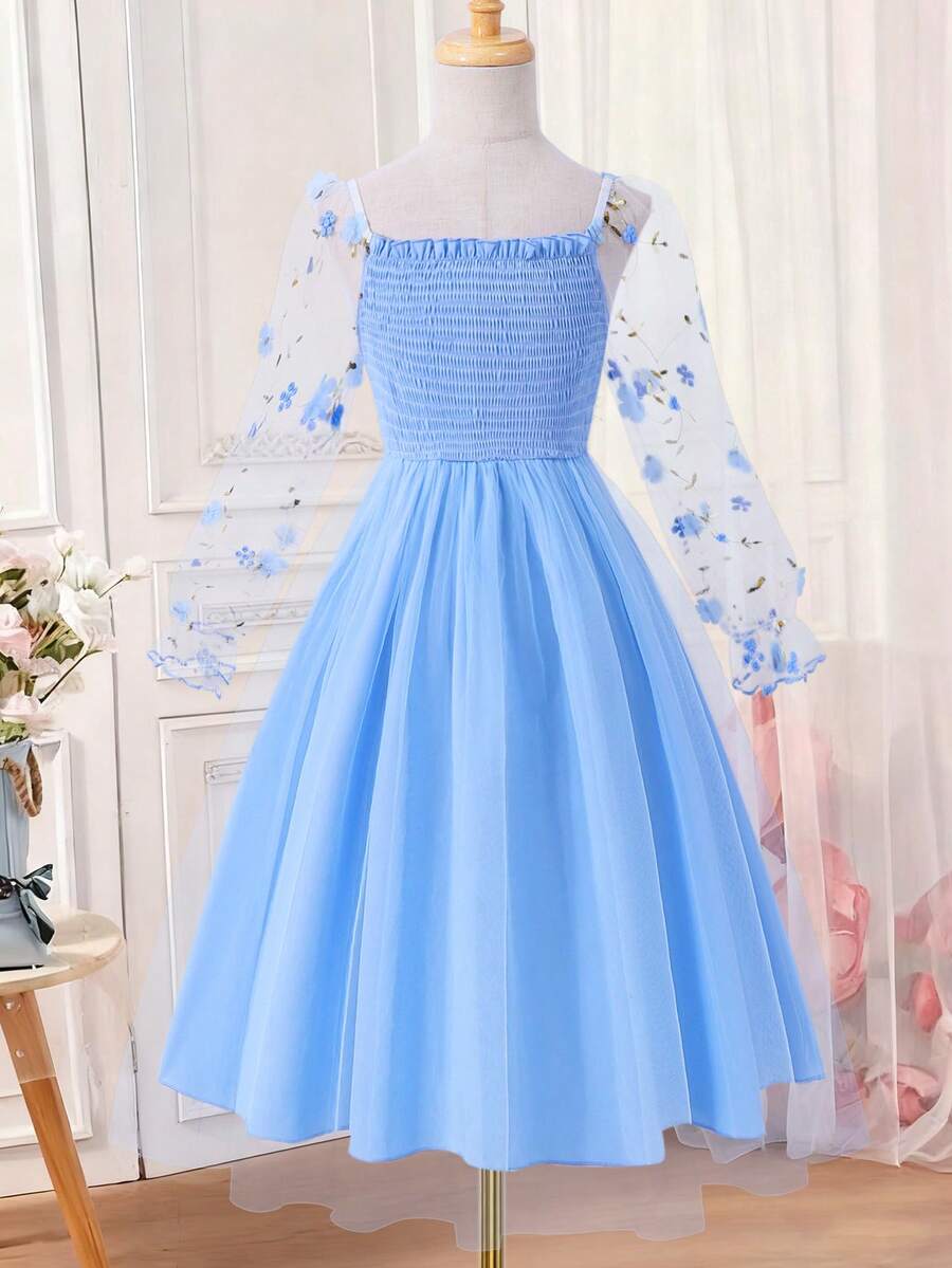 Girls' Elegant Floral Mesh Dress, Spring/Summer