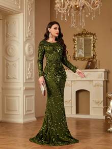 hezixi Elegant Party Sequin Embroidery Mermaid Evening Dress, Wedding Guest Dress, Formal Dress,Gown - Olive Green - View 9