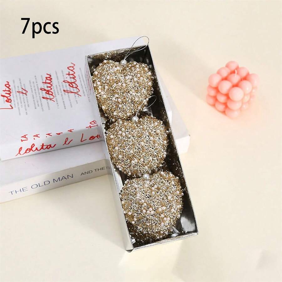 Heart Ornaments Set Of 7 Sequined Pearls Hanging Valentines Decorations For Home Decor - Champagne - View 1