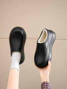 1 Pair Women's Anti-Slip, Waterproof, Oil-Resistant Winter Plush Lined Warm Durable Winter Shoes, Suitable For Kitchen, Hotel, Food Factory Work - Black - View 1