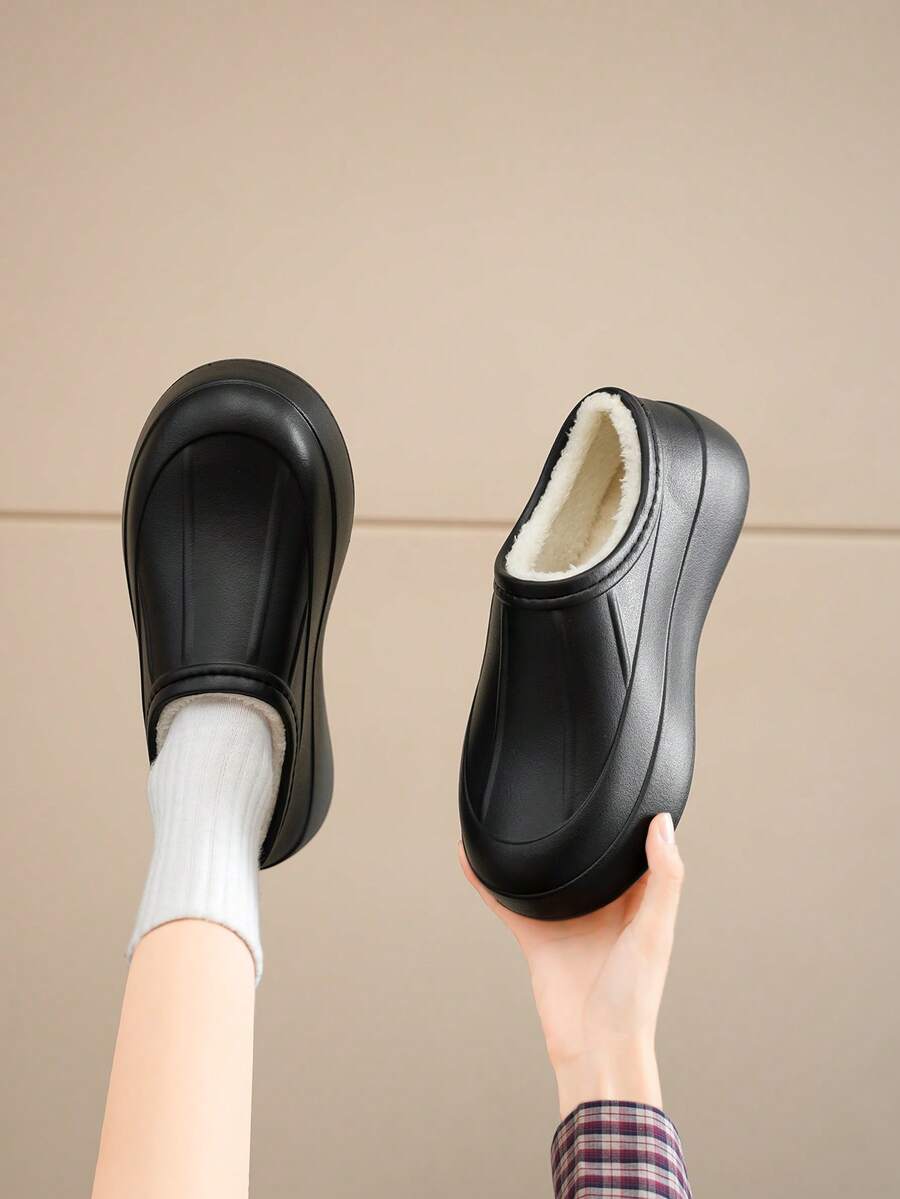1 Pair Women's Anti-Slip, Waterproof, Oil-Resistant Winter Plush Lined Warm Durable Winter Shoes, Suitable For Kitchen, Hotel, Food Factory Work - Black - View 1