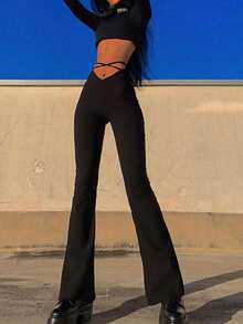 女士休闲纯色腰部镂空修身裤 - 黑色 - 查看 3