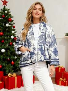 Women's Puffer Jacket Quilted Open Front Cardigan Coat Lightweight Floral Print Loose Long Sleeve Lounge Lazy Outerwear - 藍色 - 查看 8