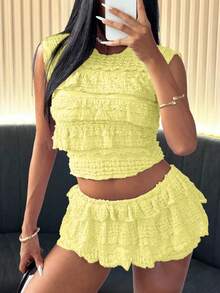 Knitted Lace Jacquard Ruched Round Neck Top And Mini Skirt Set, Spring/Summer - Mustard Yellow - View 3