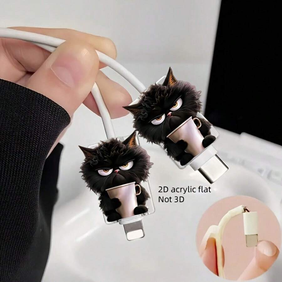 2pcs Cute Cartoon 2D Acrylic Cat Charging Cable Protector, Prevent Breakage, Suitable For Type-C/Lightning Interface - Black - View 1