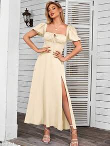 PARTHEA Off-Shoulder Petal Sleeve Slit Thigh Dress Summer Elegant - Apricot - View 3