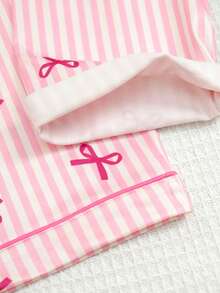 Girls Bow Striped Pajama Homewear Set For Sleep & Lounge | 8–12Y - Baby Pink - View 8