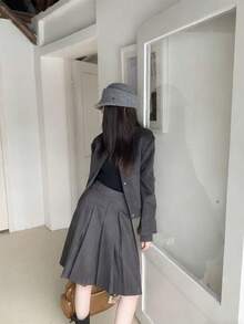 女士新款美式灰色羊毛褶裥A字裙，秋冬修身款 - 灰色 - 查看 7