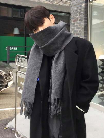 1pc Classic Herringbone Pattern Fringed Solid Color Cashmere Scarf, Unisex Fashion Casual Windproof Warm Shawl, Comfortable Blanket Scarf Suitable For Daily Wear, Autumn/Winter