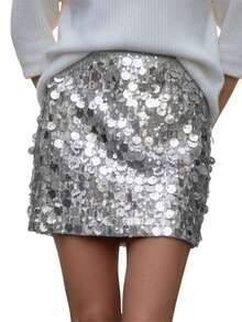 Women's Sequin Mini Skirts Fashion High Waist Solid Color Slim Fit Skirts Short Club Skirts - 銀色 - 查看 7