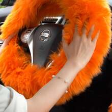 Fuzzy Genuine Sheepskin Steering Wheel Cover Set Women Parents-Fluffy Soft Australian Merino Wool Wrap With Gear Shift And Hand Brake Covers, Cozy Stylish Luxury Car Accessories (Orange) - 薰衣草紫 - 查看 2