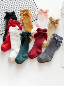 1双/2双圣诞红色袜子，新款女童蝴蝶结中筒袜，西班牙天鹅绒大蝴蝶结过膝袜，深红色公主袜，适合作为圣诞礼物和秋冬季穿着 - 紅色 - 查看 3