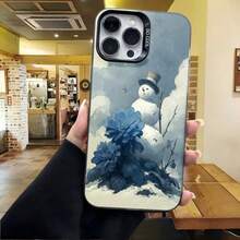 Cubierta de telefono con diseño de nieve y flores azules para iPhone 14 Pro Max en color azul claro con estampado de muñeco de nieve y flores grandes ideal para uso diario en cafeterias y salones - Negro - Ver 4