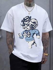 A Cartoonish Ram Mascot Displaying The Letters UNC Representing The T Shirt In Blue And White 100% Cotton Casual Activewear Fashion Clothing - 白色 - 查看 8