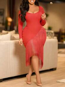 Women's Elegant Asymmetric Tassel Hem Knit Dress, Suitable For Commute, Date, Party. Elegant Knit Fabric With Tassel, Ideal For Evening Date, Holiday, Wedding, Birthday Party, Formal Dinner