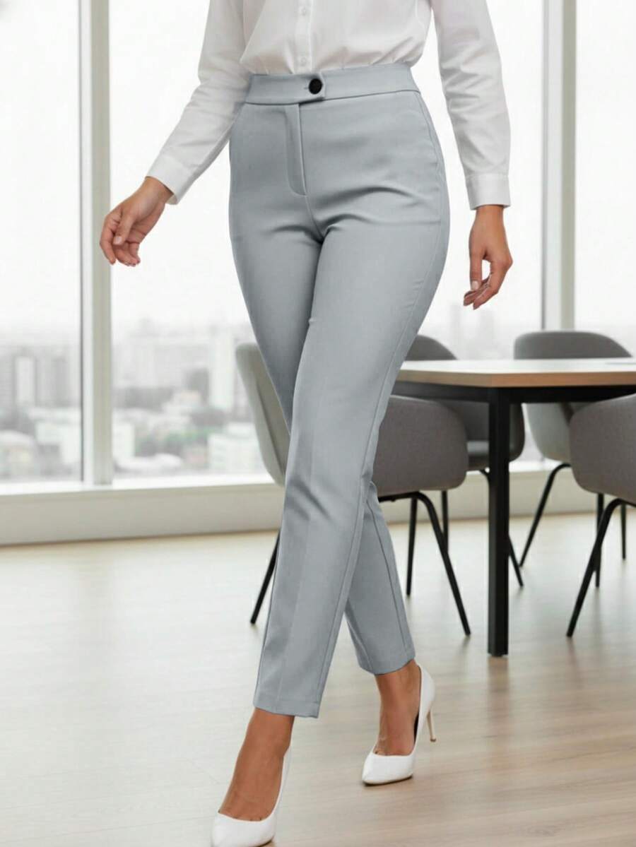 女士弹力腰修身七分裤，通勤必备——时尚商务休闲裤 - 淺灰色 - 查看 1