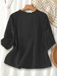 Áo kiểu nữ mùa xuân/hè thêu họa tiết dáng rộng, phong cách retro cổ điển, tay lửng màu đen - màu đen - Xem 5